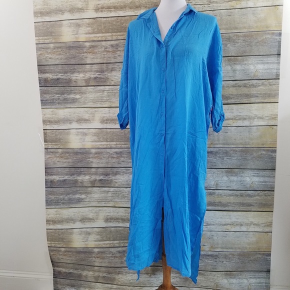 NWT Zara Bright Blue Maxi Shirt Midi  Dress - Picture 6 of 7